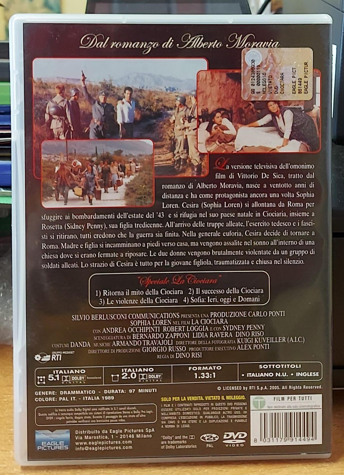 La Ciociara DVD, retro della confezione con trama e dettagli tecnici
