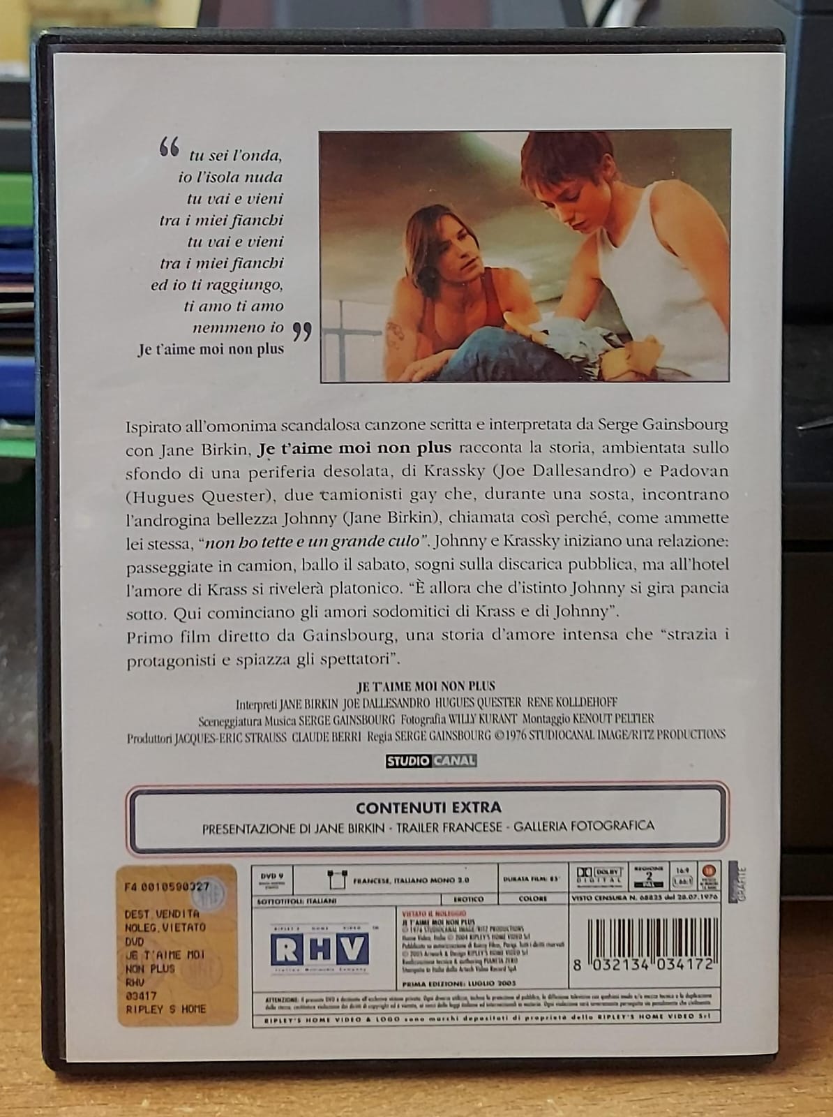 Je t’aime moi non plus DVD con Jane Birkin e Joe Dallesandro, copertina frontale