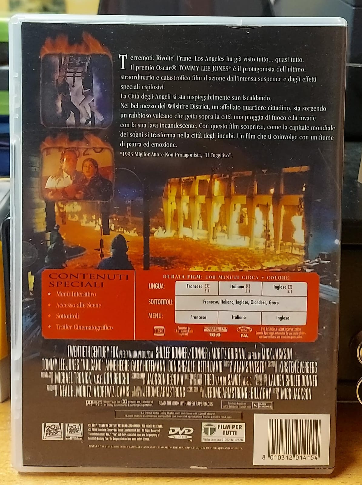 Retro copertina DVD Vulcano Los Angeles 1997 con trama, contenuti speciali e codice a barre
