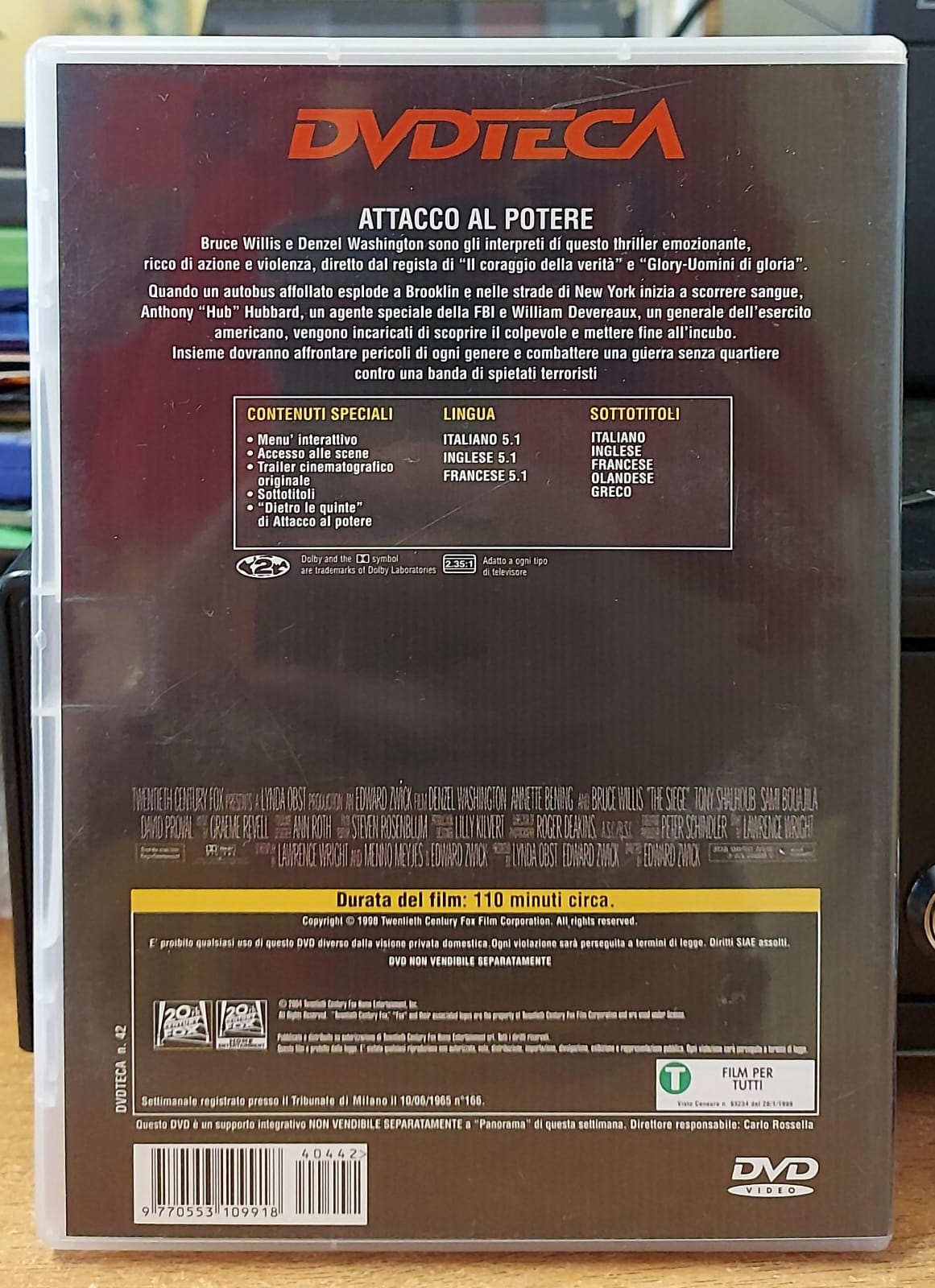 Attacco al potere DVD, retro della confezione con trama e dettagli tecnici