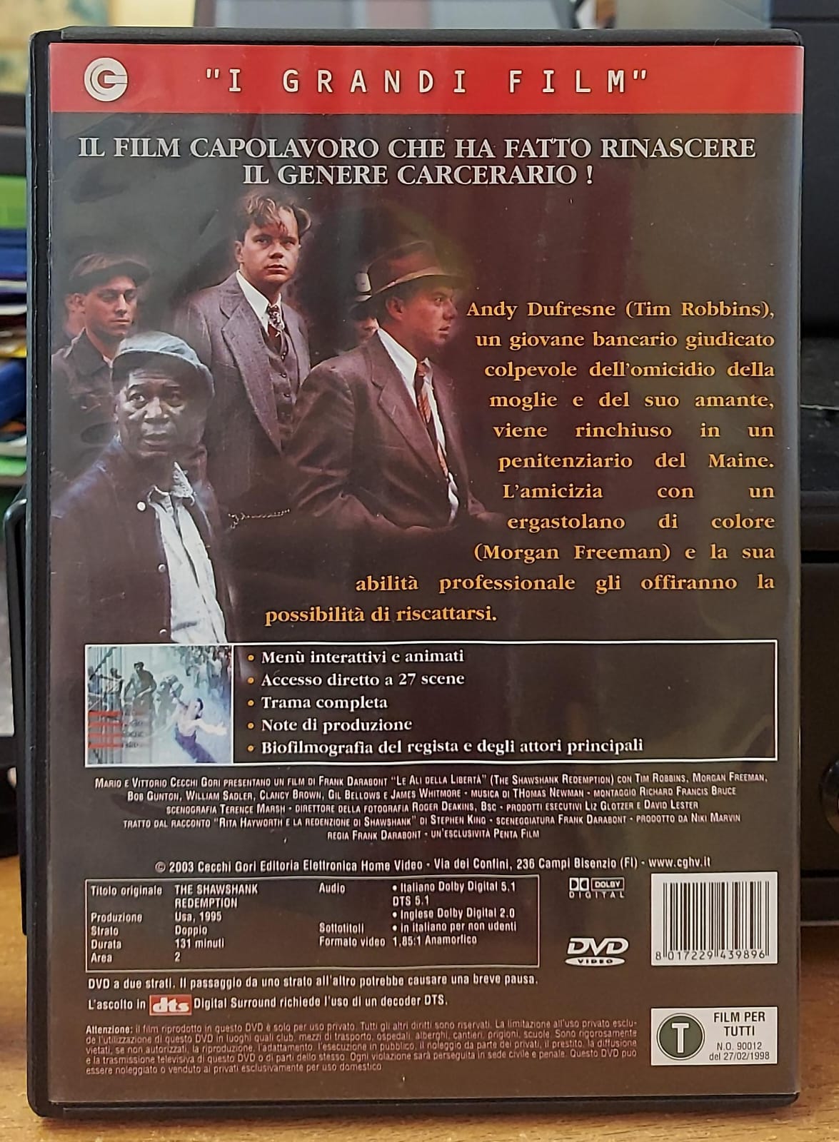 Copertina frontale DVD Le ali della libertà con Tim Robbins e Morgan Freeman