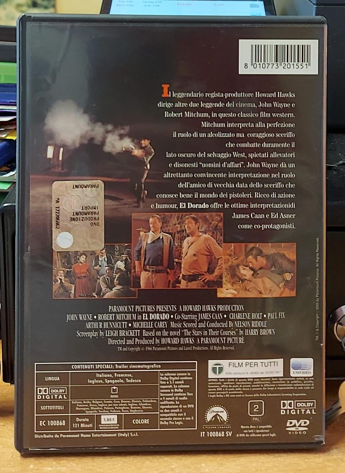 Retro della confezione DVD El Dorado con trama, dettagli tecnici e codice a barre