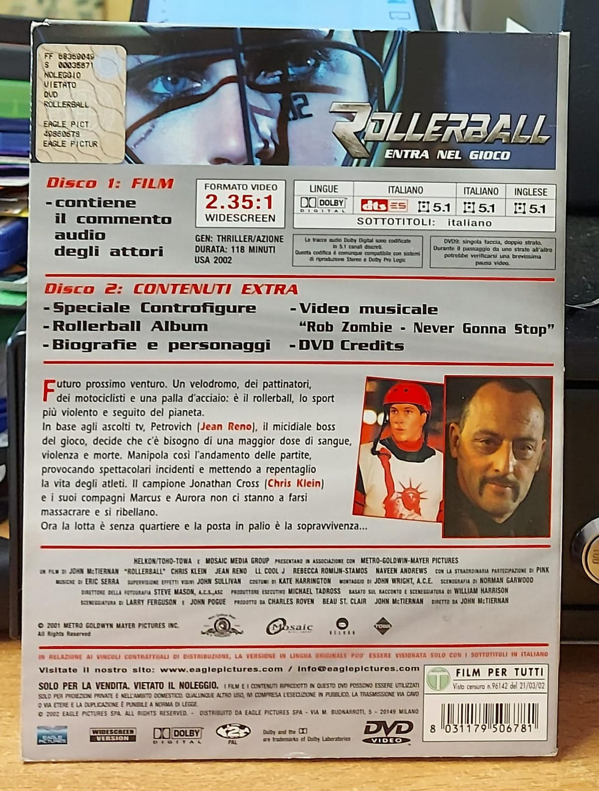 Retro della confezione Rollerball con trama, extra e dettagli tecnici
