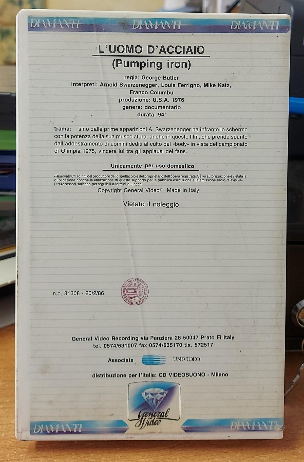 L’uomo d’acciaio Pumping Iron VHS – retro della confezione e dettagli