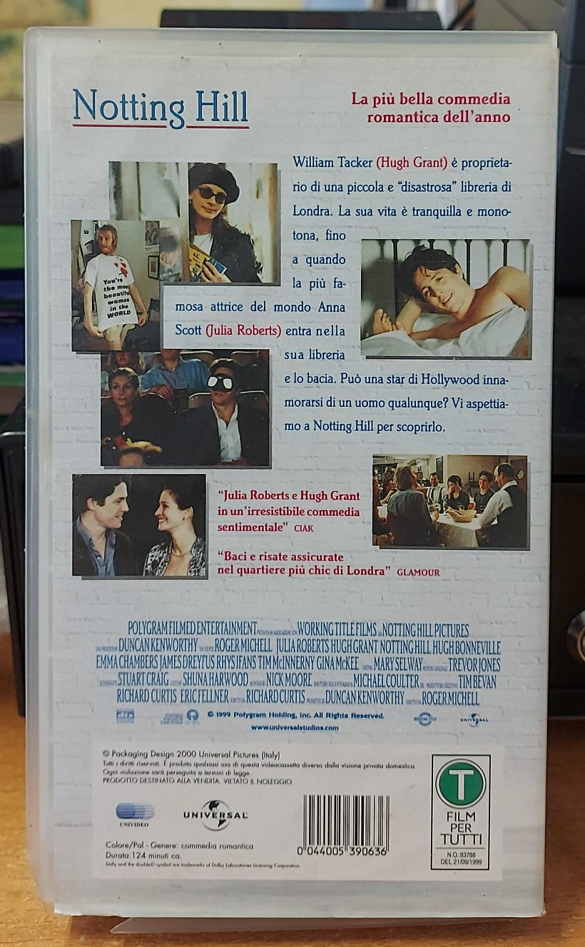 Notting Hill VHS, retro della confezione