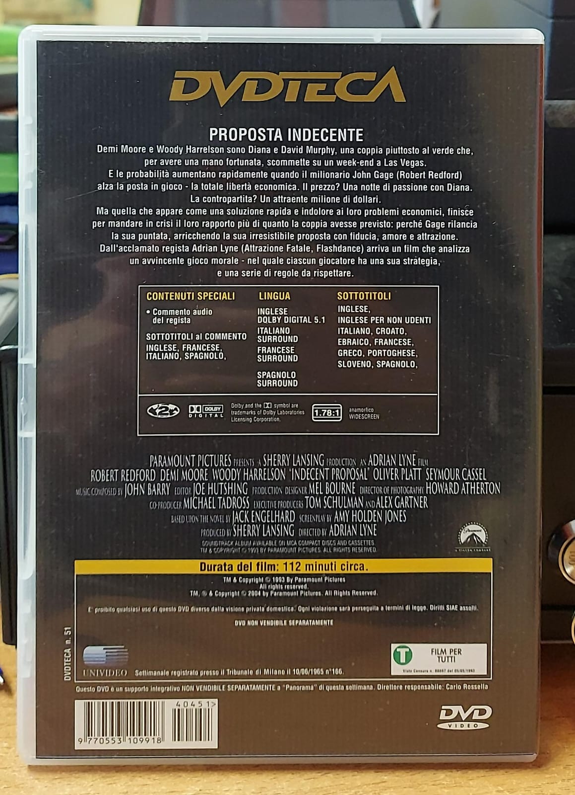 Proposta indecente DVD usato – retro copertina con trama e dettagli tecnici