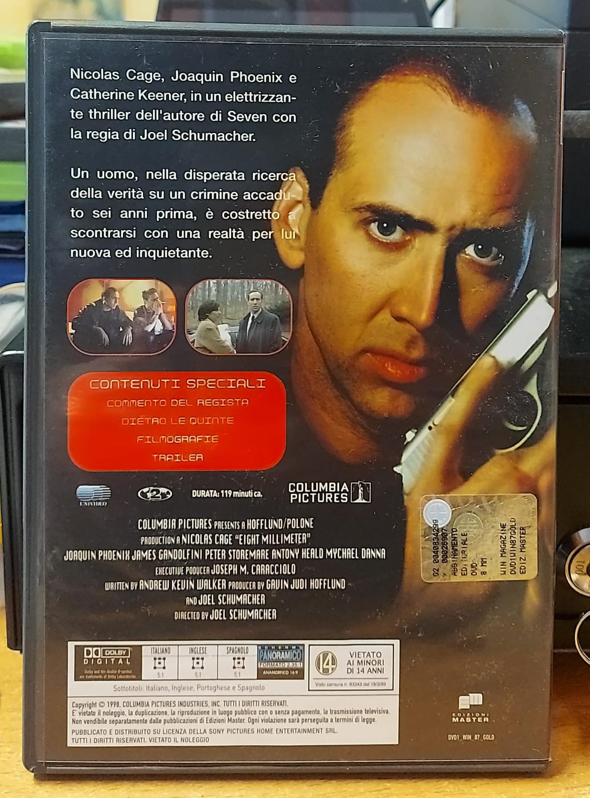 8MM Delitto a luci rosse DVD usato – retro copertina con dettagli tecnici e contenuti speciali