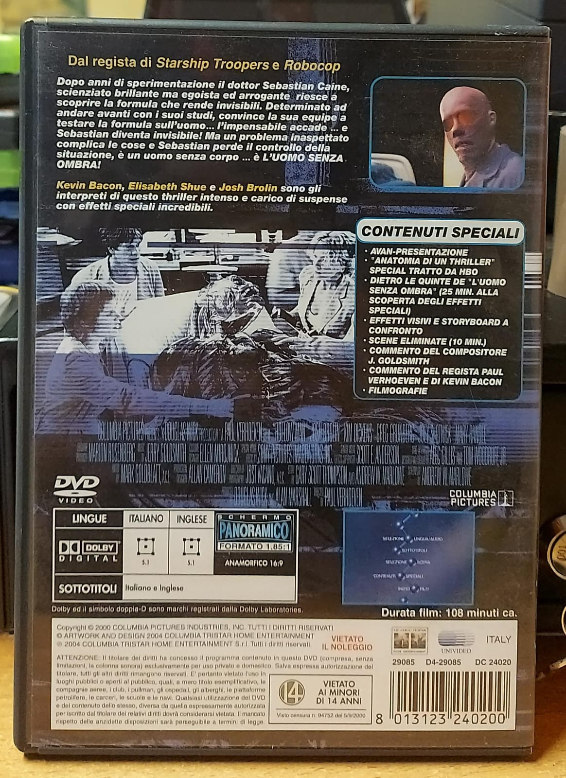 Retro copertina DVD L'Uomo Senza Ombra con trama, contenuti speciali e codice a barre