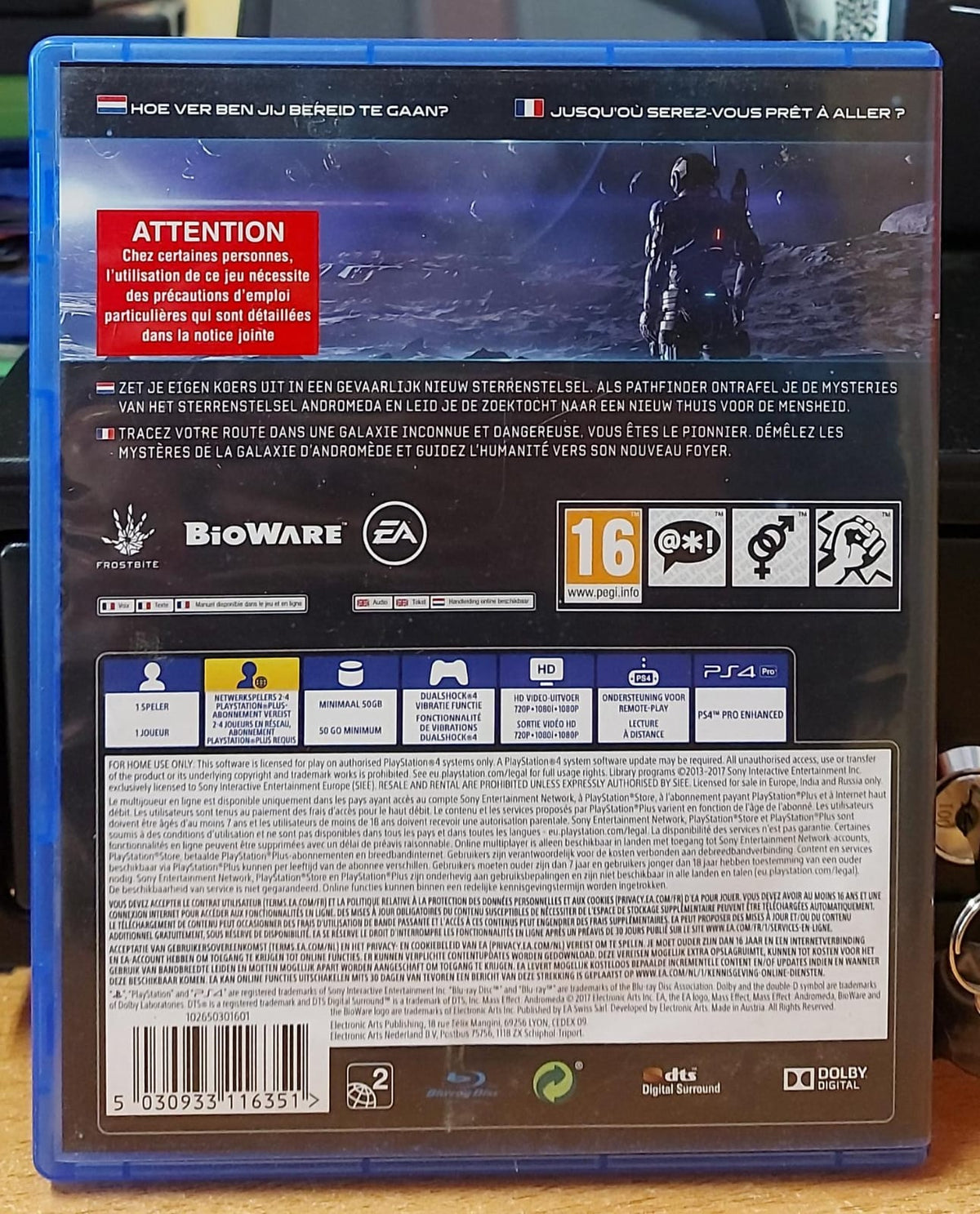 Mass Effect Andromeda PS4 usato - retro della confezione francese e olandese